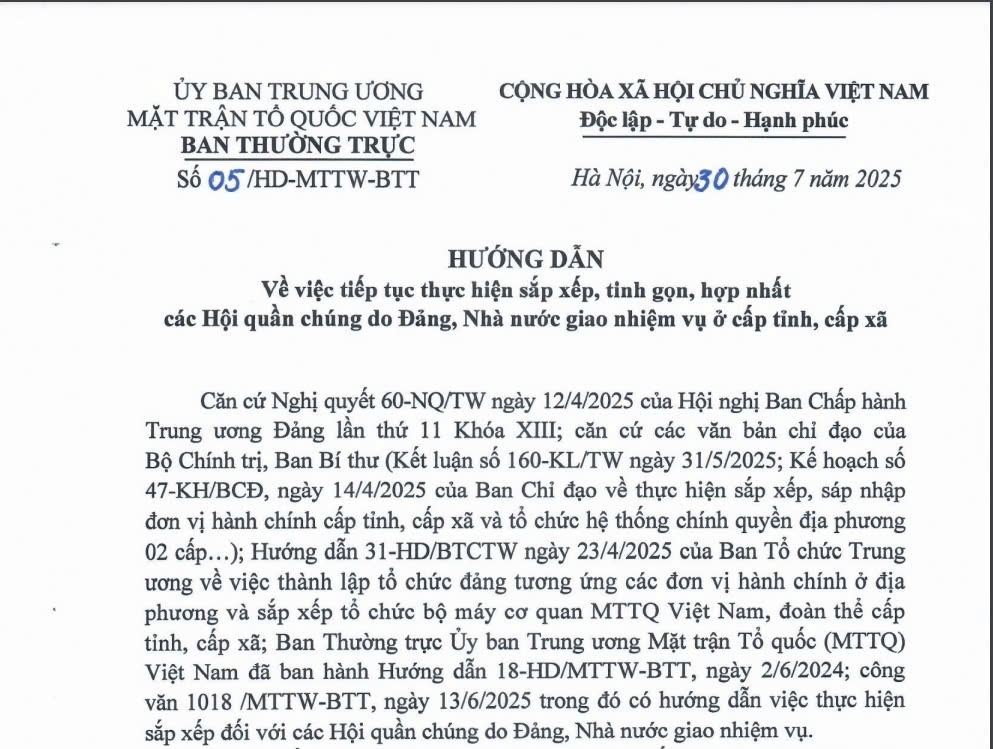 Giảm ít nhất 20% nhân sự các hội quần chúng cấp tỉnh, xã từ năm 2026